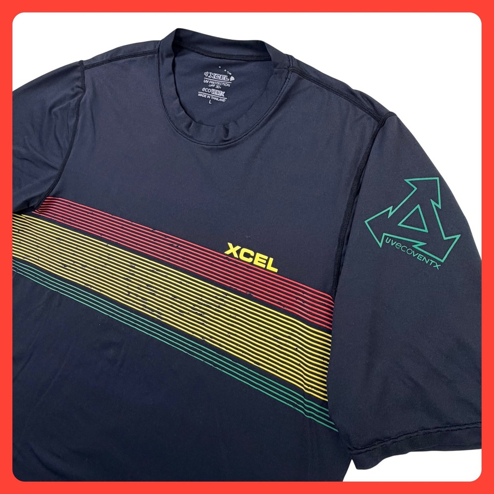 Xcel VENTX Rash Guard Shirt Men‎ Large Black Striped Rasta Stretch Surf UPF 30+